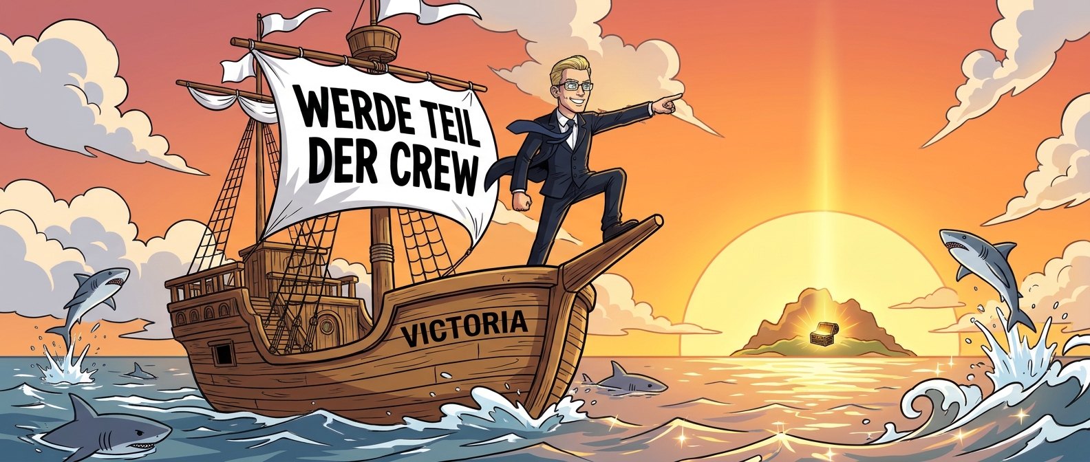 Piratenschiff „Victoria“ im Anime-Stil mit weißem Segel „Werde Teil der Crew“, auf dem Bug ein Kapitän im Anzug, der auf eine leuchtende Schatzinsel im Sonnenuntergang zeigt, daneben springende Haie (KI-generiertes Bild)
