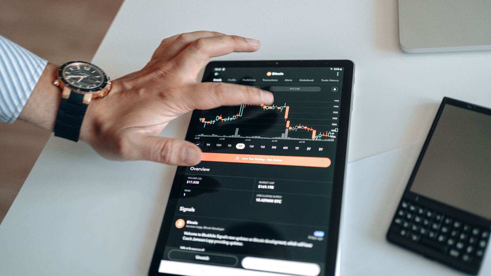 Hand am Tablet mit Kursverlauf
